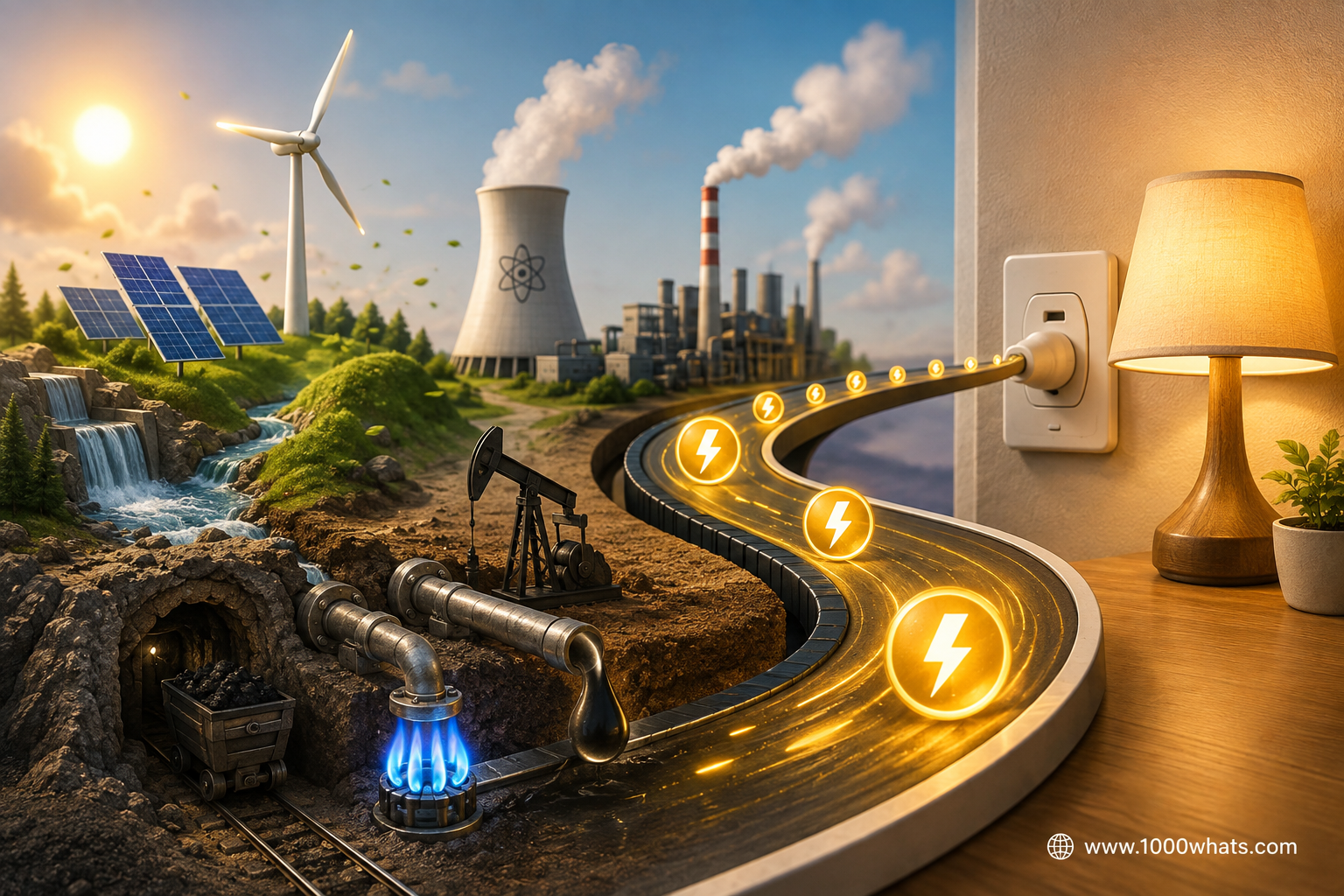 Featured image about primary energy showing an energy chain from source to fuel, end use, and final service in a hand-drawn educational style.