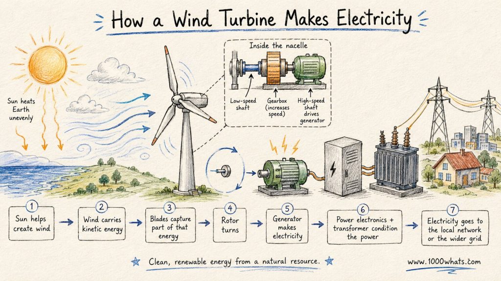 Hand-drawn windpower diagram showing how a wind turbine converts wind into electricity through the rotor, generator, power electronics, transformer, and grid connection.