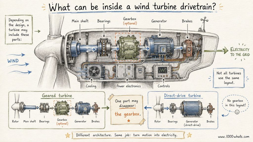 Hand-drawn windpower cutaway of a turbine nacelle showing drivetrain components such as the shaft, bearings, gearbox, generator, brakes, controls, and power electronics.