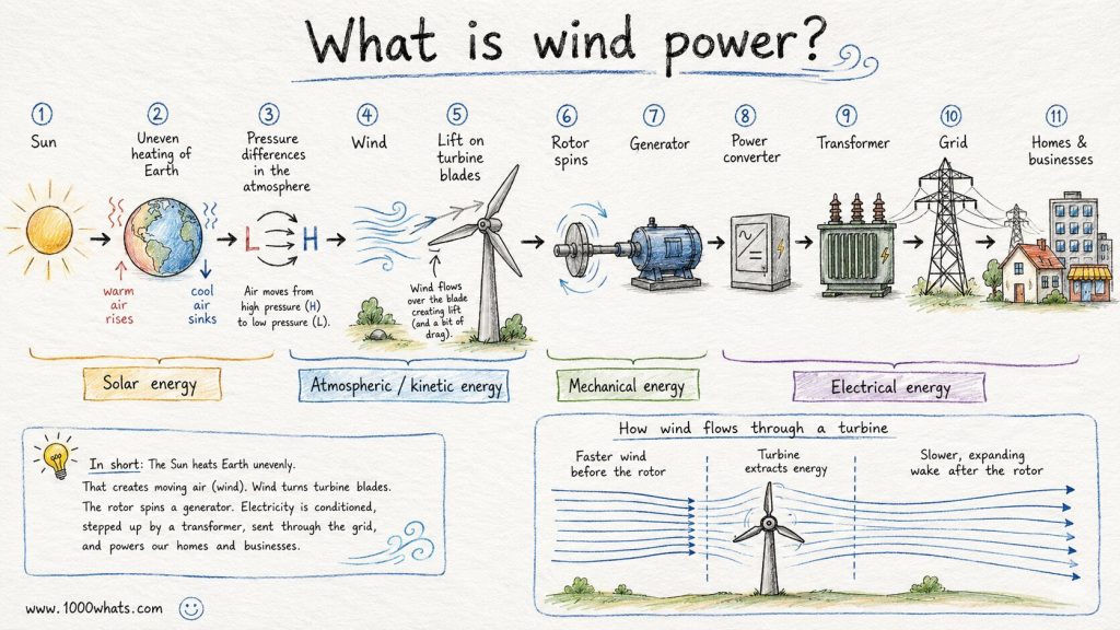 Hand-drawn windpower infographic showing how uneven solar heating creates wind, how turbine blades capture that energy, and how electricity is delivered to the grid and end users.
