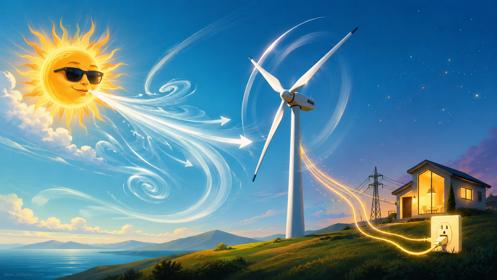 Witty windpower featured image showing a cartoon Sun blowing wind into a turbine that generates electricity for a nearby house.