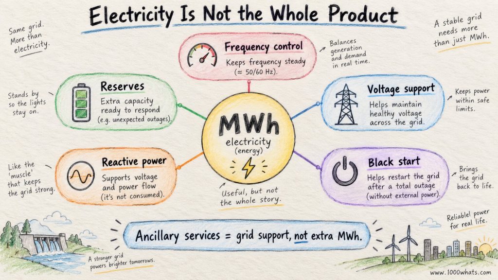 Diagram showing MWh electricity surrounded by ancillary services such as frequency control, reserves, voltage support, reactive power, and black start.