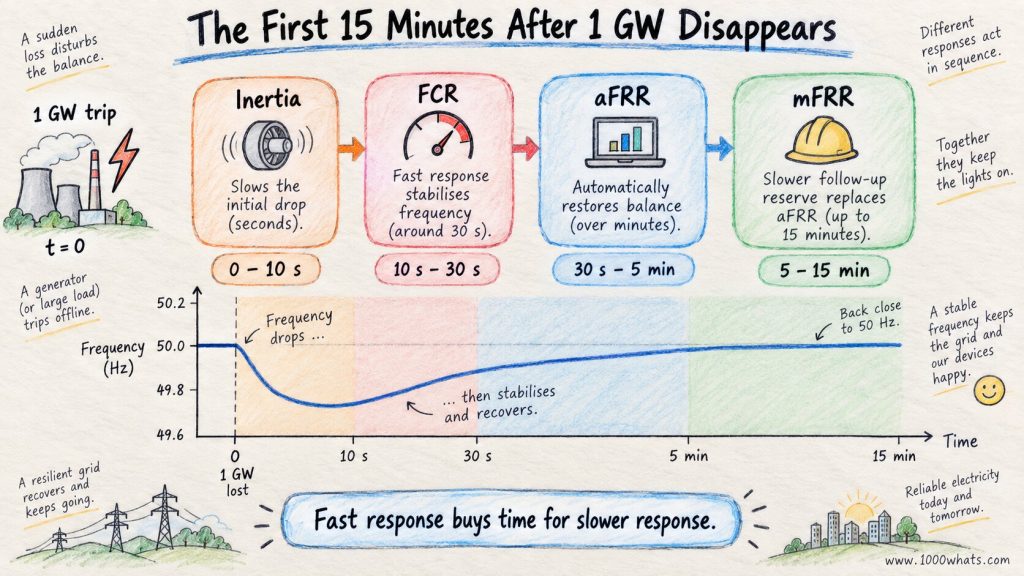 Diagram showing the first 15 minutes after a 1 GW grid disturbance, with inertia, FCR, aFRR, and mFRR restoring frequency.