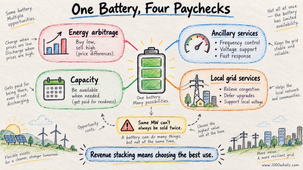 Diagram showing one battery connected to energy arbitrage, capacity, local grid services, and ancillary services.