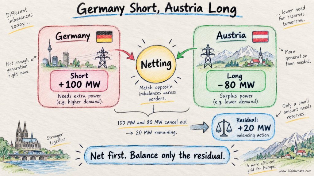 Diagram showing Germany short by 100 MW and Austria long by 80 MW, leaving a 20 MW residual balancing need after netting.