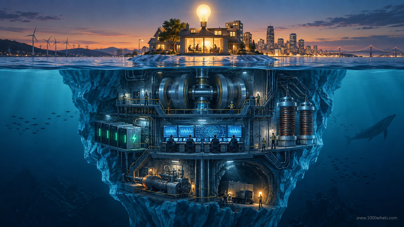 Illustration of a house above water with a hidden underground grid system below, representing ancillary services that support reliable electricity.