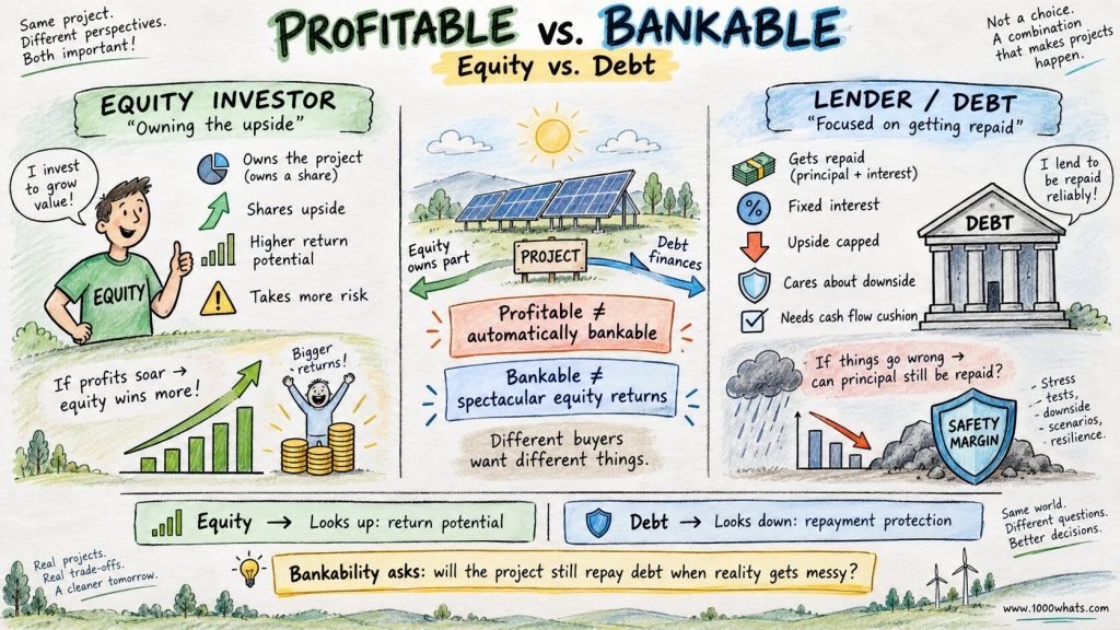 Hand-drawn comparison of equity and debt perspectives in a bankable energy project, showing investors seeking upside and lenders seeking repayment protection.
