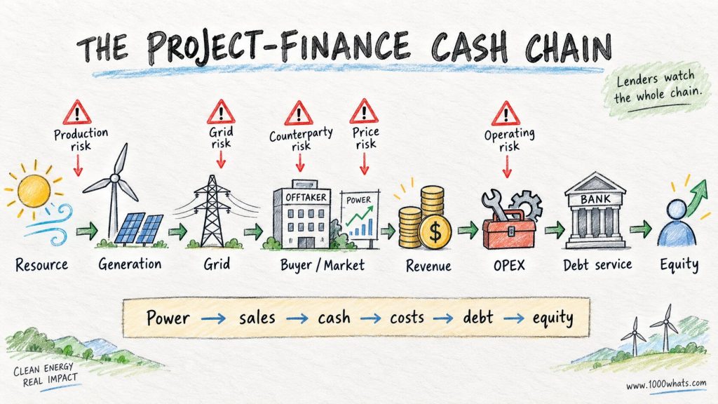 Diagram showing the project-finance cash chain from renewable resource and generation through grid, buyer, revenue, OPEX, debt service, and equity.