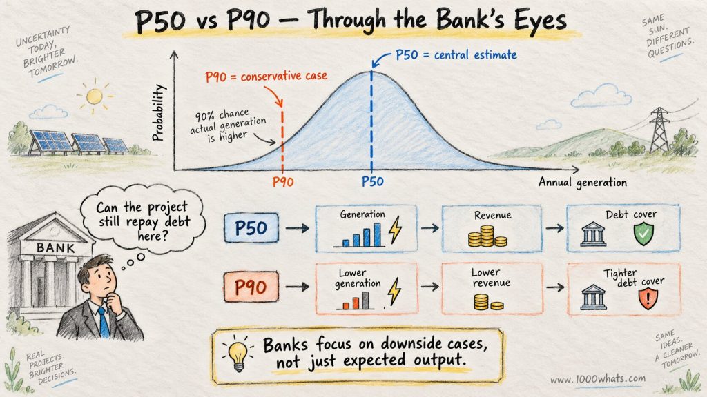 Hand-drawn P50 and P90 probability curve showing that lenders focus on conservative generation cases and debt repayment coverage.