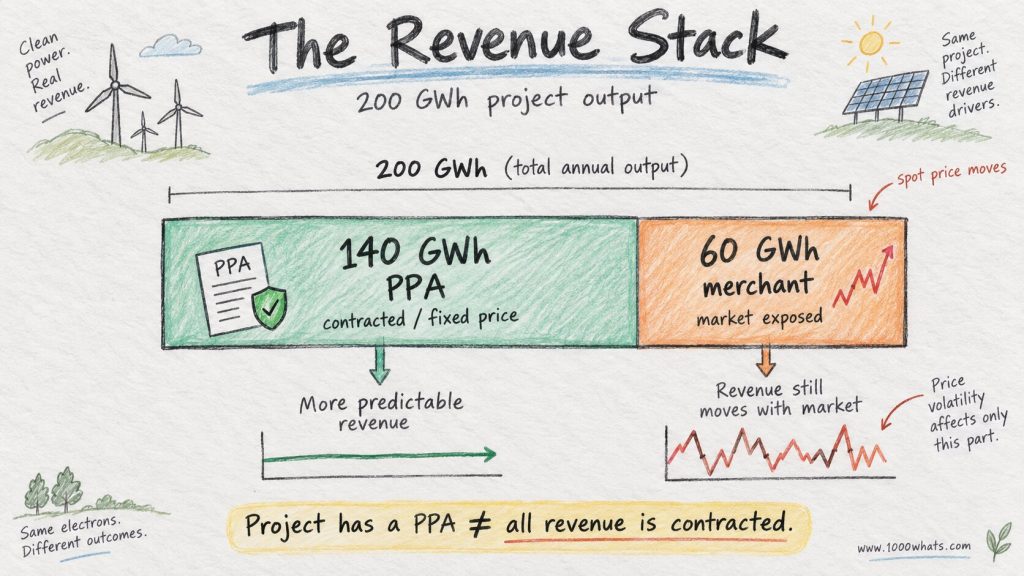 Diagram of a project revenue stack showing contracted PPA revenue and merchant market-exposed revenue for the same renewable project.