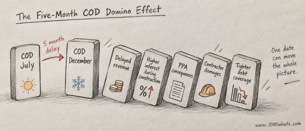 Domino diagram showing a COD delay leading to delayed revenue, higher interest, PPA consequences, contractor damages, and tighter debt coverage.