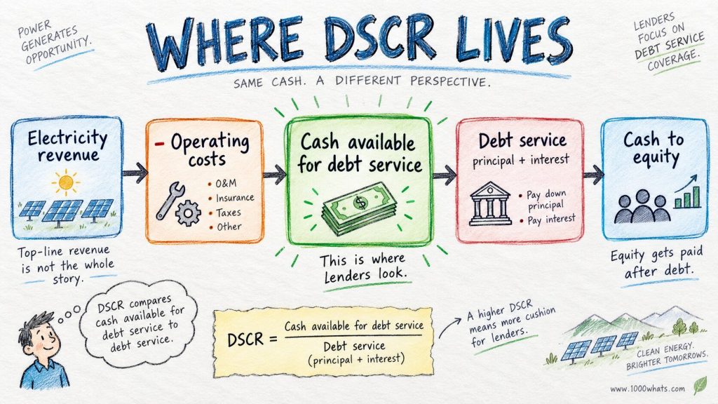 Diagram showing electricity revenue minus operating costs equals cash available for debt service, which is then used to calculate DSCR.