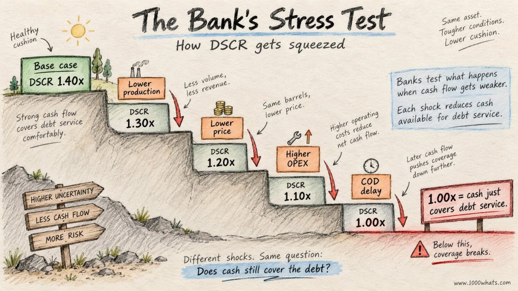 Hand-drawn staircase showing DSCR falling from 1.40x to 1.00x as project risks reduce cash available for debt service.