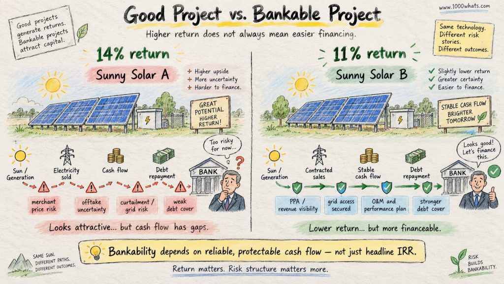 Diagram comparing a 14 percent return solar project with high uncertainty and an 11 percent return solar project with stronger financing conditions.