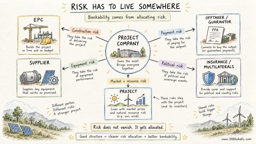 Diagram showing construction risk, equipment risk, payment risk, political risk, and market risk allocated around a project company.