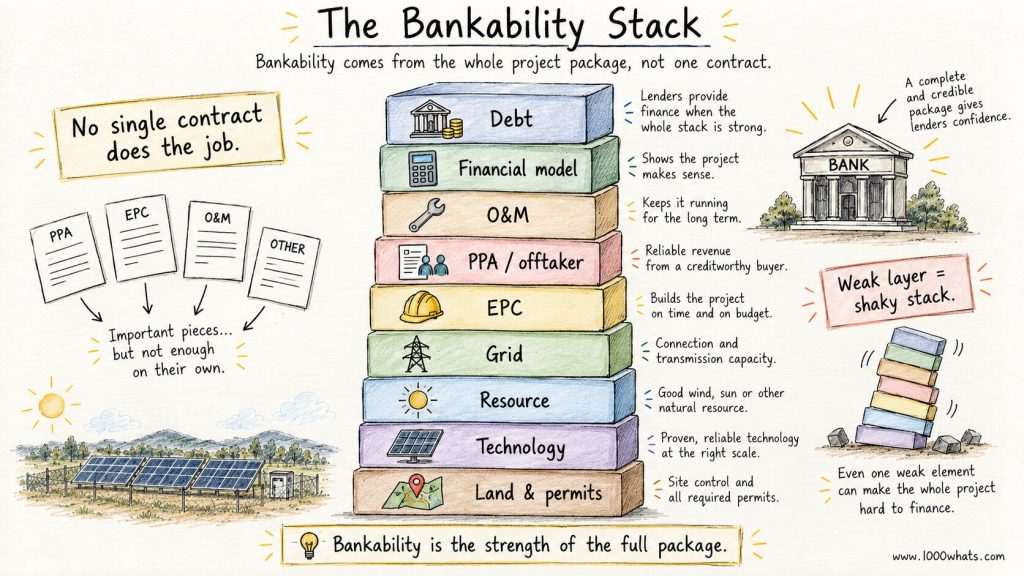 Diagram of a stacked tower showing the key layers that make an energy project bankable, from permits and technology to debt and financial model.