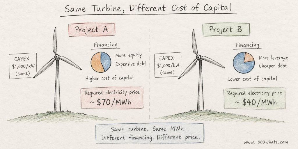 Diagram comparing two identical wind turbines with the same CAPEX but different financing structures and different required electricity prices.