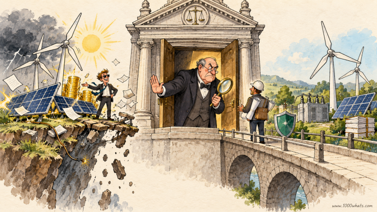 Illustration of a banker guarding a bank entrance while risky solar and wind projects stand on one side and safer financed projects sit across a bridge.