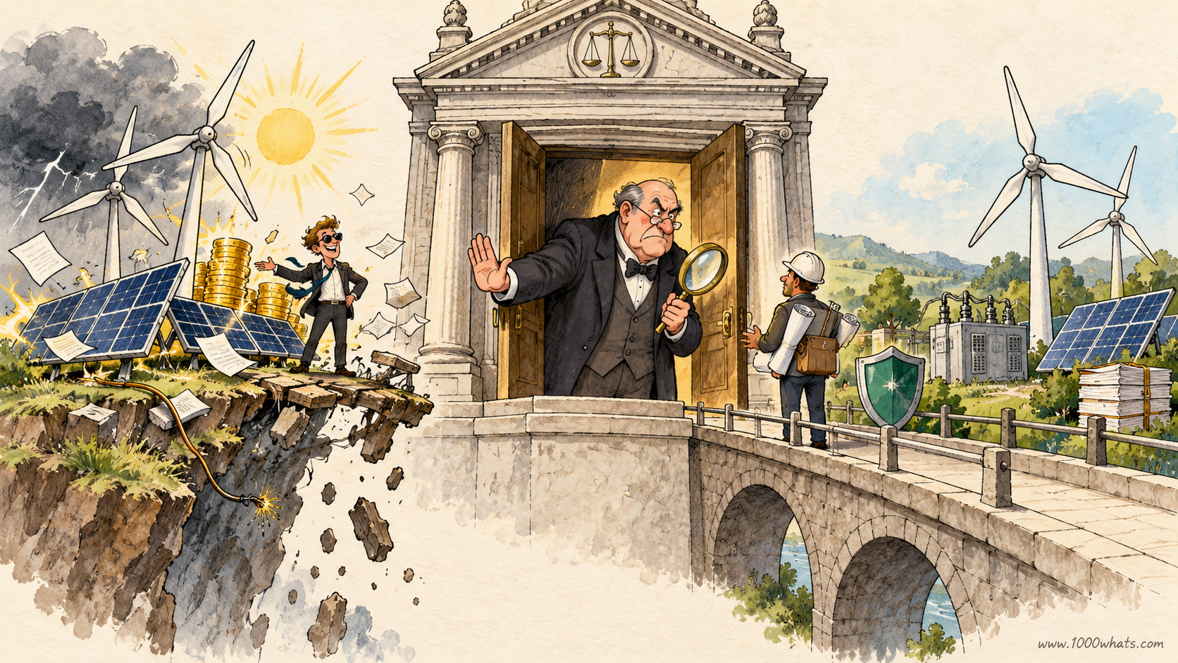 Illustration of a banker guarding a bank entrance while risky solar and wind projects stand on one side and safer financed projects sit across a bridge.