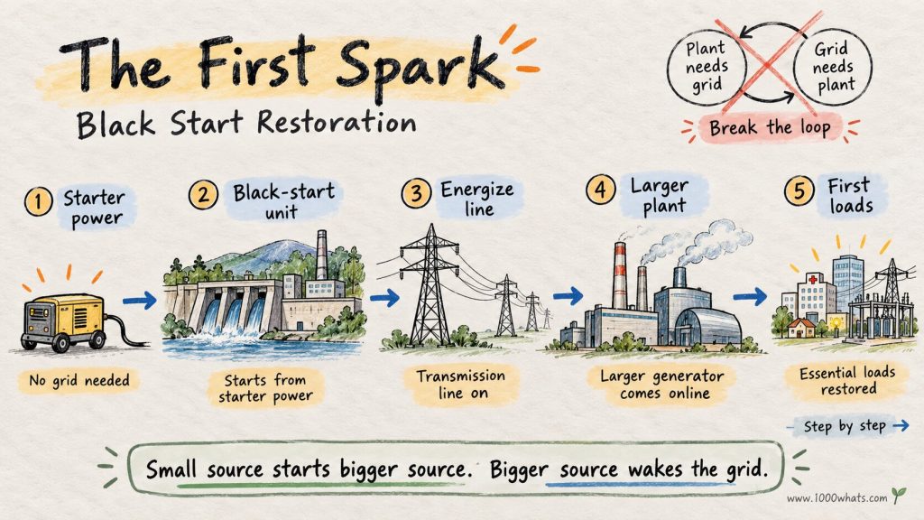 Black start diagram showing starter power, a black-start hydro unit, transmission line energization, a larger generator and restored essential loads.