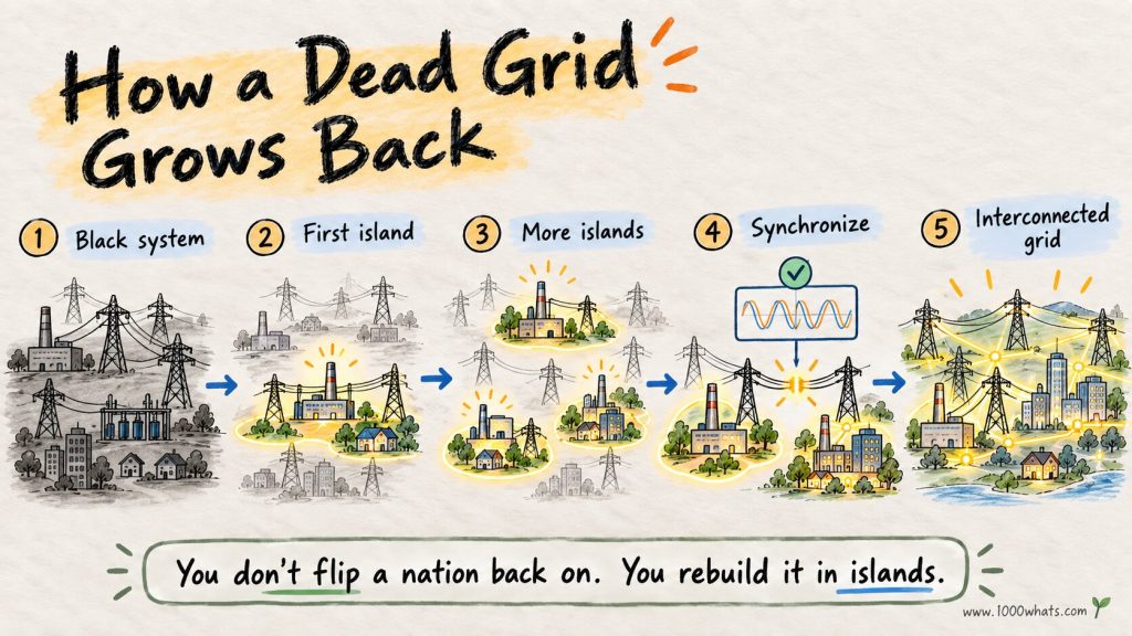 Black start restoration sequence from a dead grid to energized islands, synchronization and a fully interconnected power system.