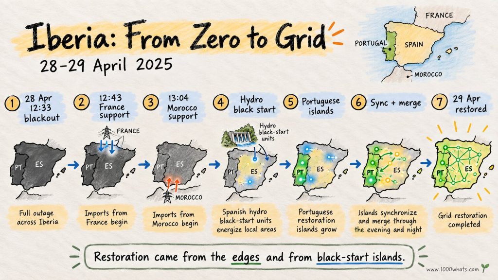 Black start timeline of the April 2025 Iberian grid restoration showing France and Morocco support, hydro units, restoration islands and synchronization.