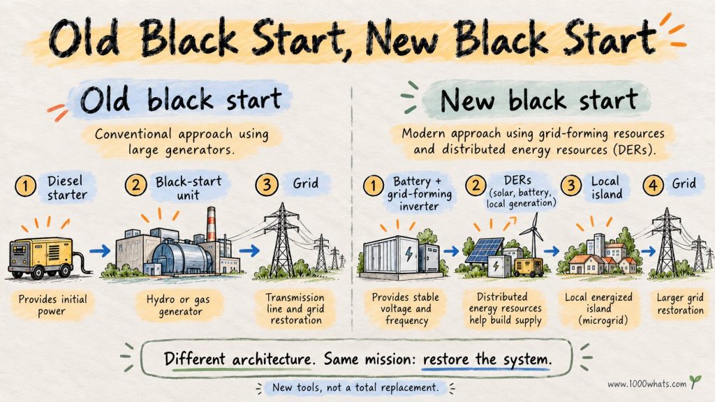 Black start comparison showing conventional diesel and large-generator restoration versus batteries, grid-forming inverters and distributed energy resources.