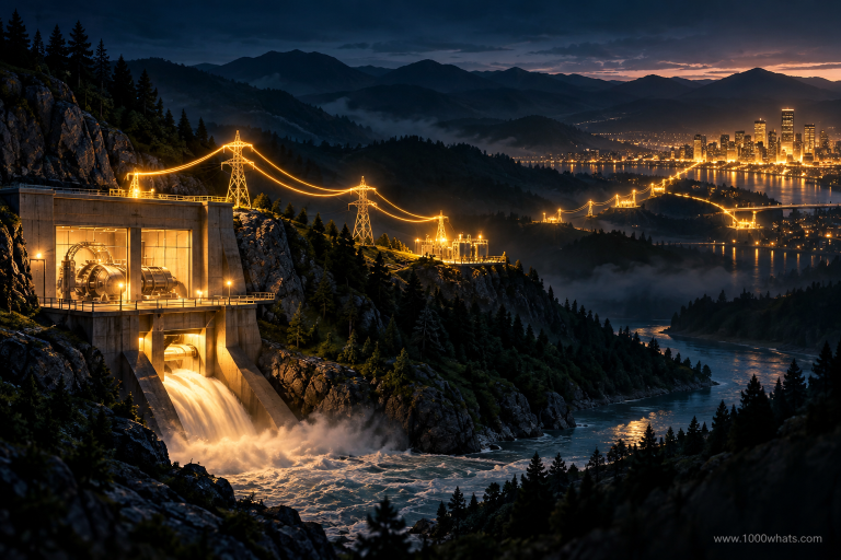 Black start featured image showing a hydroelectric plant energizing transmission lines toward a city during power-system restoration.