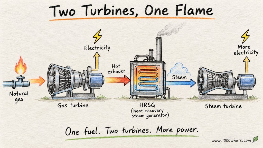 Hand-drawn Combined-Cycle Gas Turbine diagram showing natural gas feeding a gas turbine, hot exhaust entering an HRSG, and steam powering a steam turbine.