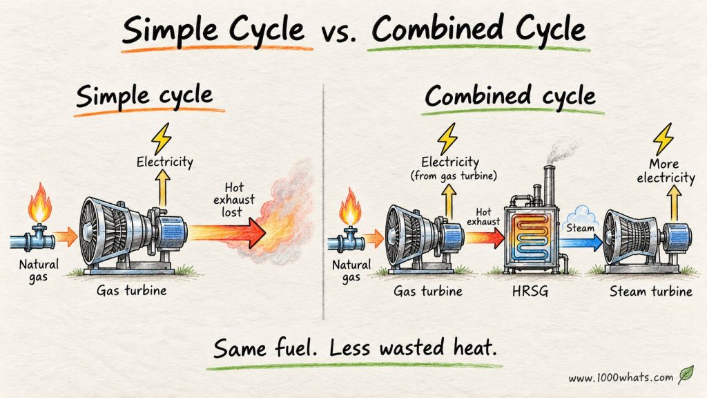 Hand-drawn comparison showing a simple-cycle gas turbine losing hot exhaust and a Combined-Cycle Gas Turbine recovering that heat to make additional electricity.