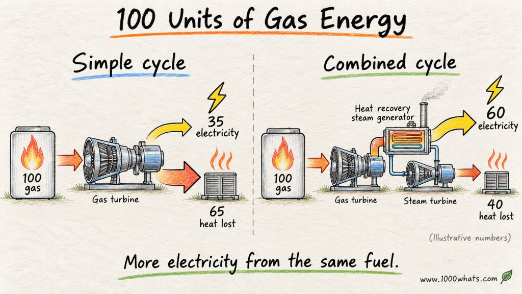 Hand-drawn diagram comparing 100 units of gas energy in simple-cycle and Combined-Cycle Gas Turbine operation, showing more electricity and less heat loss from the combined cycle.