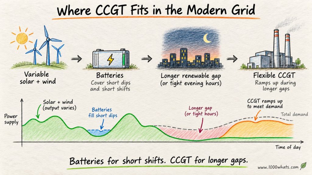 Hand-drawn modern grid diagram showing variable solar and wind, batteries covering short dips, and a Combined-Cycle Gas Turbine ramping during longer gaps.