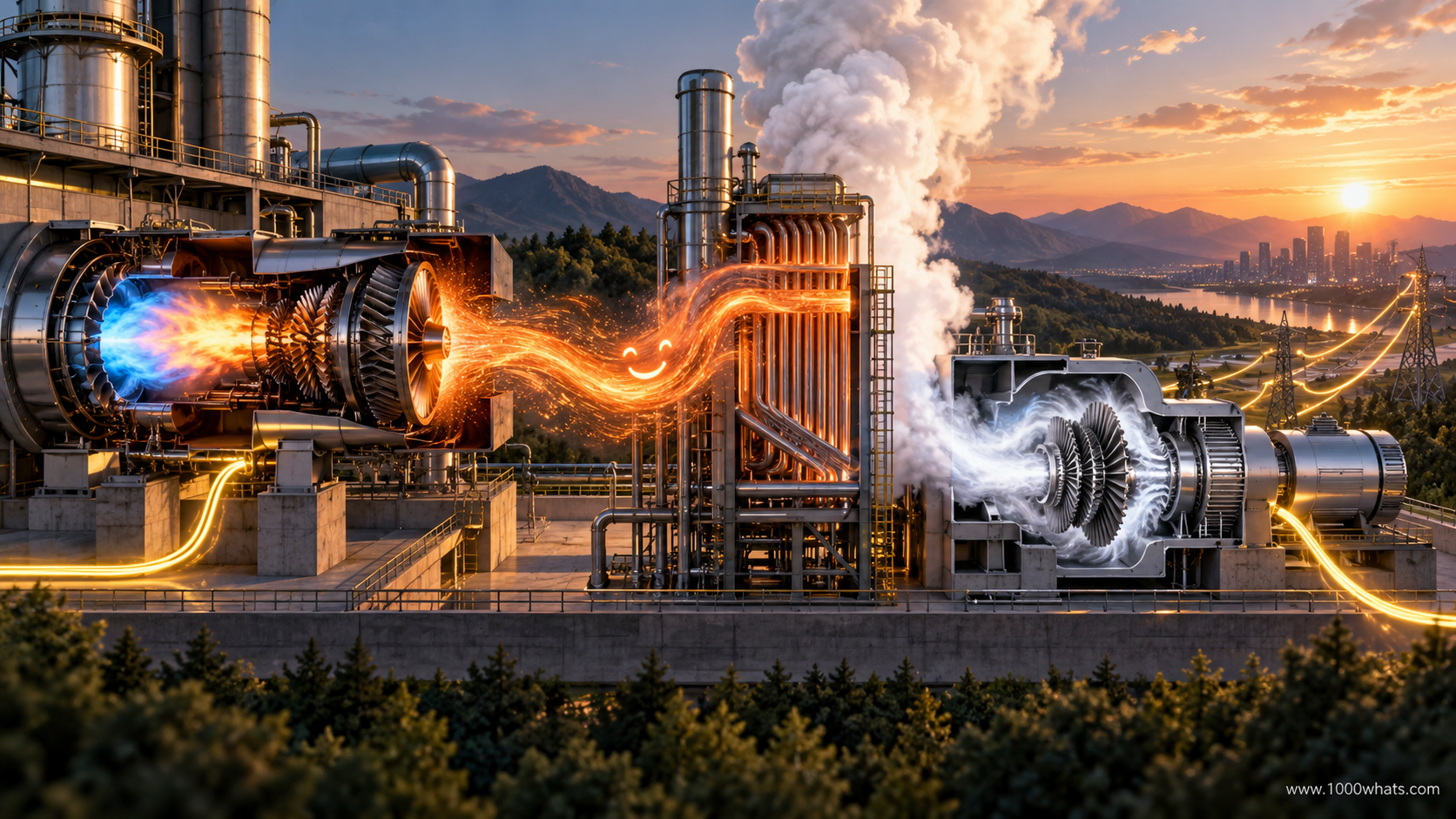 Illustrated Combined-Cycle Gas Turbine plant with glowing hot exhaust moving from a gas turbine through heat recovery equipment to a steam turbine producing electricity.
