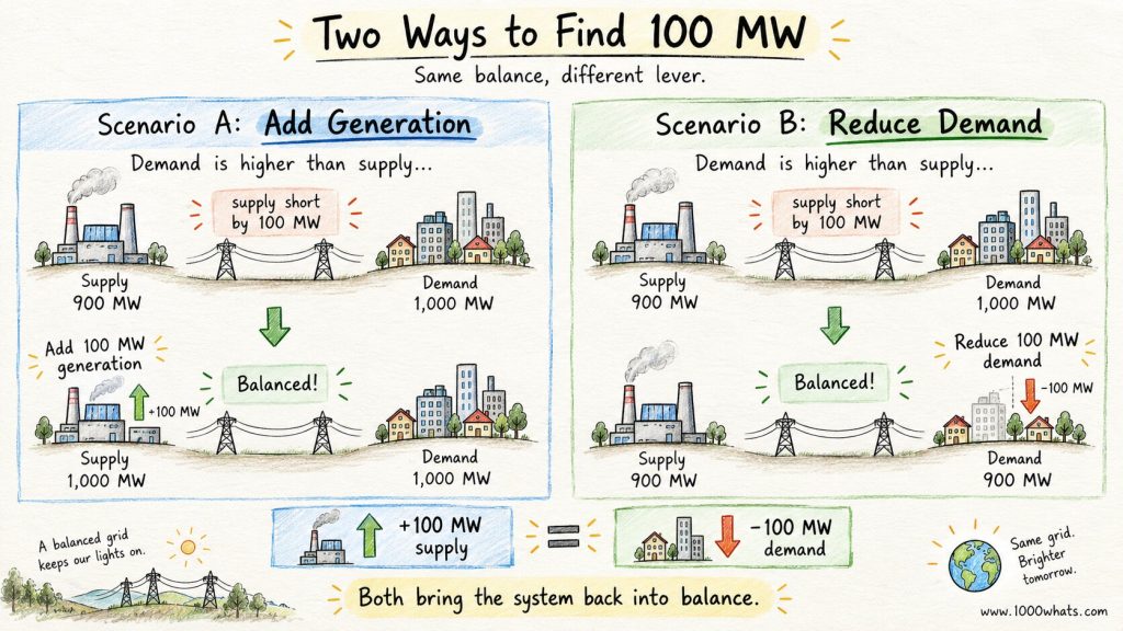 Hand-drawn diagram comparing two ways to balance the grid: adding 100 MW of generation or reducing 100 MW of demand so supply and demand match.