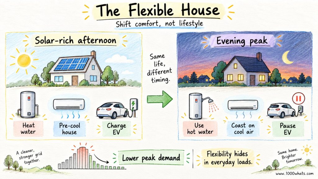Hand-drawn diagram of a flexible house showing hot water heating, pre-cooling, and EV charging in the afternoon, then lower electricity use during the evening peak.