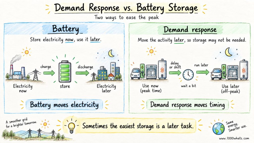 Hand-drawn side-by-side comparison showing battery storage moving electricity from one time to another and demand response moving energy use to a later time.
