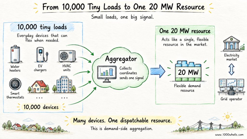 Hand-drawn diagram showing many small flexible devices feeding into an aggregator, which combines them into one 20 MW demand response resource for the electricity market and grid operator.