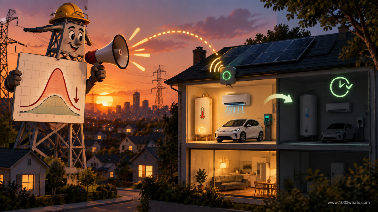 Illustrated smart home at sunset with solar panels, water heater, cooling system, and EV responding to grid signals to shift electricity use and reduce peak demand.
