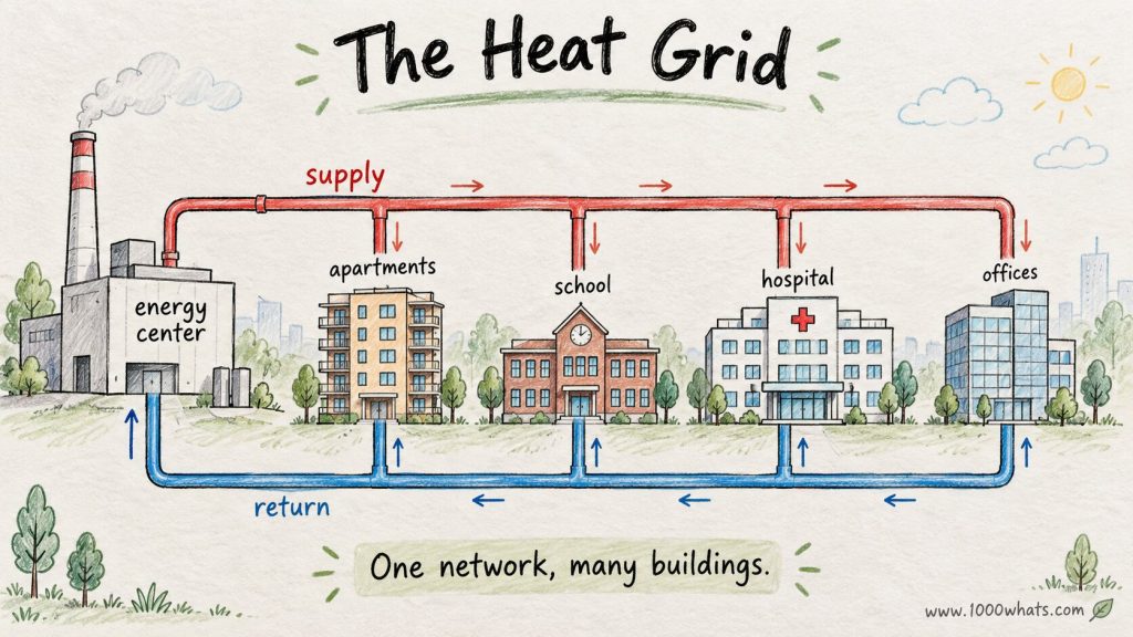 Diagram of a district heating system with red supply pipes and blue return pipes connecting an energy center to multiple buildings.