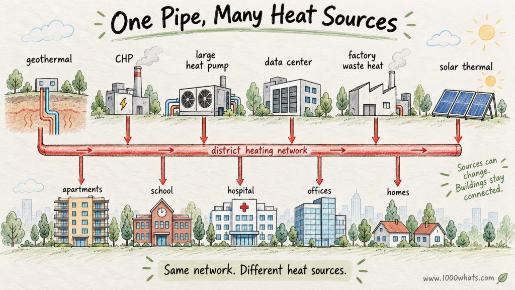 Diagram showing multiple heat sources feeding one district heating network connected to apartments, schools, hospitals, offices, and homes.