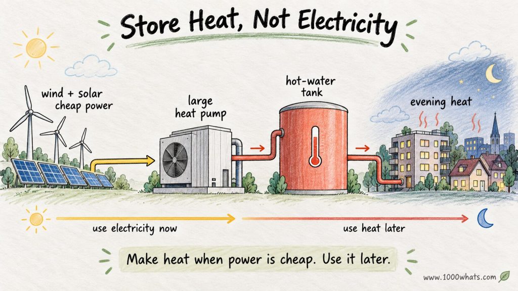 Diagram showing renewable electricity, a large heat pump, a hot-water tank, and evening heat demand in a district heating system.