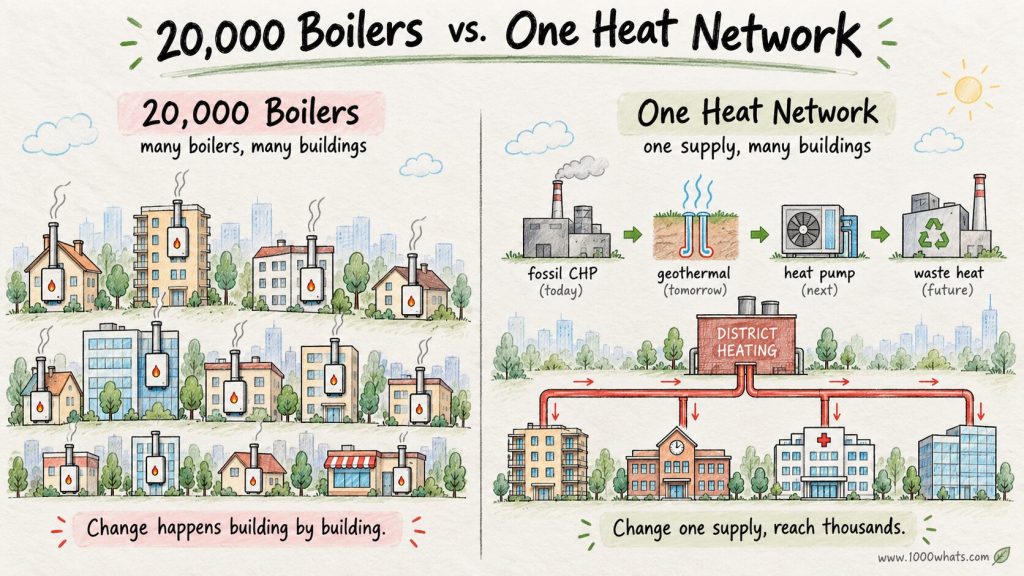 Diagram comparing many individual boilers with one district heating network serving multiple buildings from a shared heat supply.