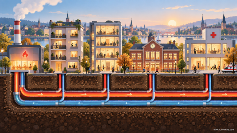 Cross-section illustration of a district heating network with red and blue underground pipes supplying heat to city buildings.