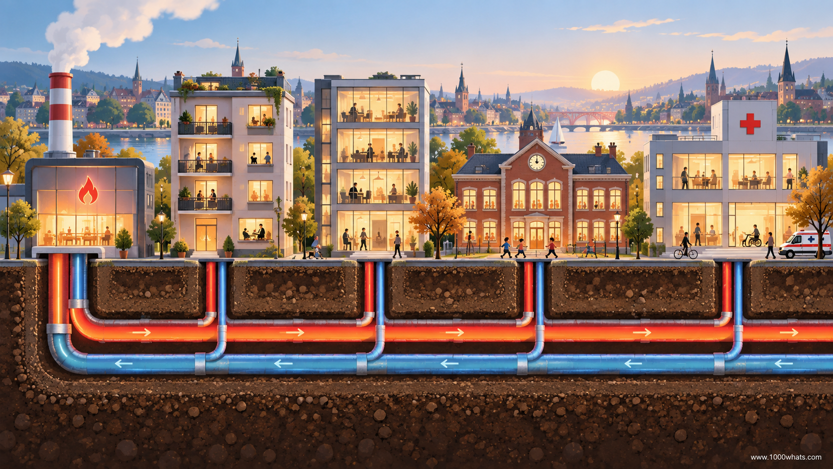 Cross-section illustration of a district heating network with red and blue underground pipes supplying heat to city buildings.