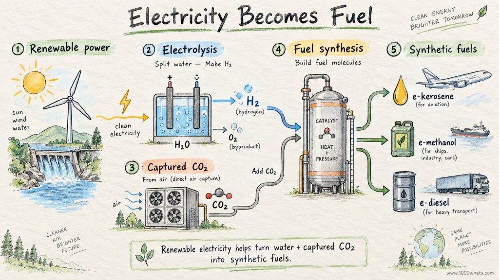 Diagram showing renewable electricity, electrolysis, captured CO₂, and fuel synthesis producing e-fuel products such as e-kerosene, e-methanol, and e-diesel.