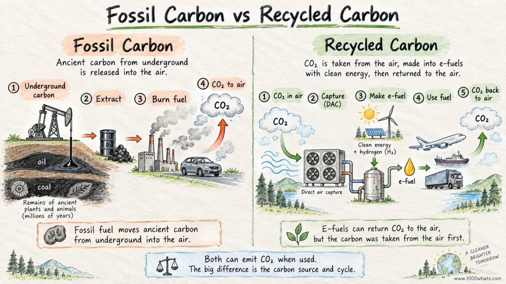 Diagram comparing fossil carbon and recycled carbon, showing how an e-fuel uses captured CO₂ from air while fossil fuel releases ancient underground carbon.