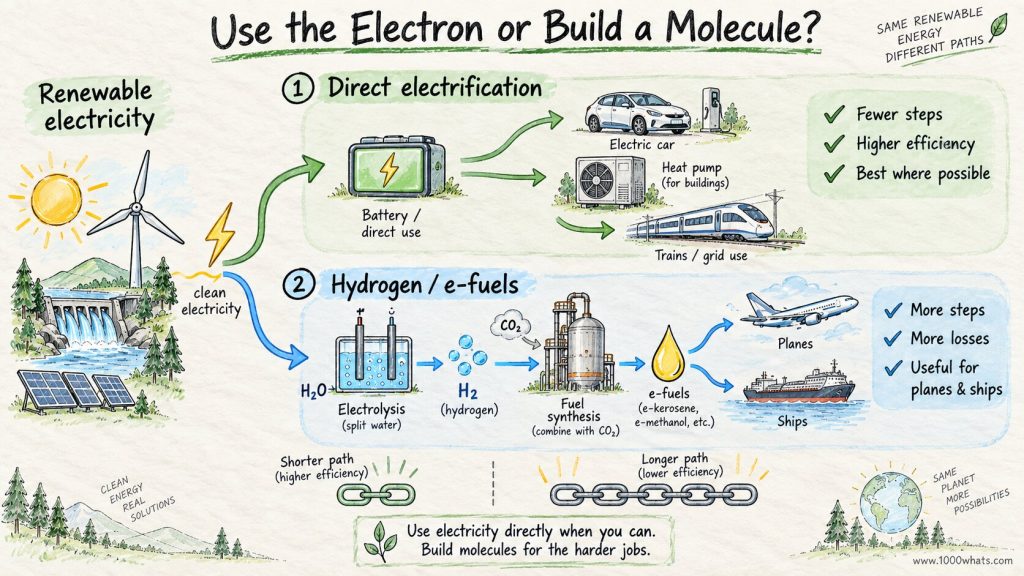 Diagram comparing direct electrification with the e-fuel pathway, showing batteries and heat pumps on one side and hydrogen, fuel synthesis, planes, and ships on the other.