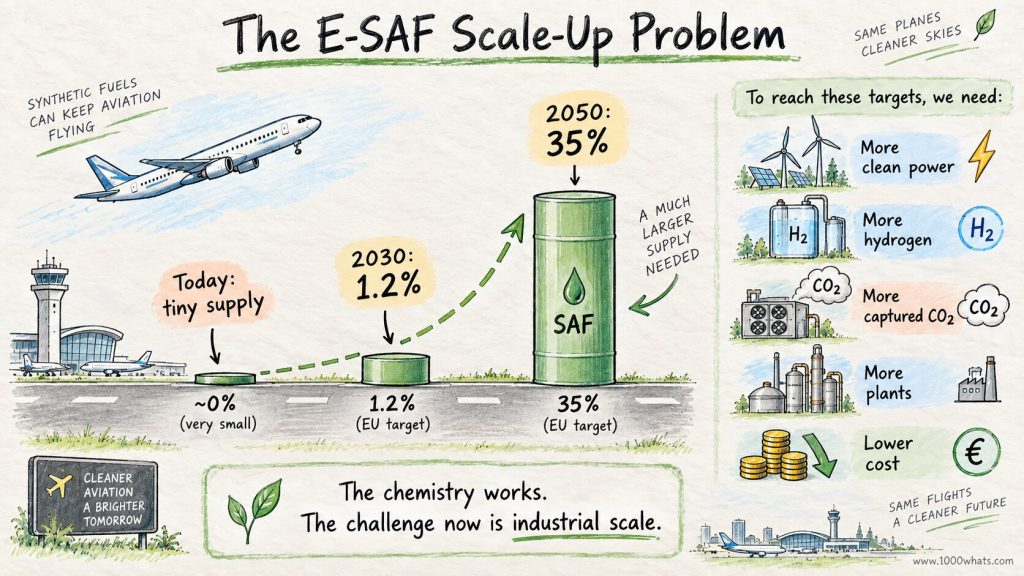 Diagram showing the e-fuel scale-up challenge for aviation, with small current supply, 2030 and 2050 SAF targets, and the need for more clean power, hydrogen, CO₂ capture, and plants.