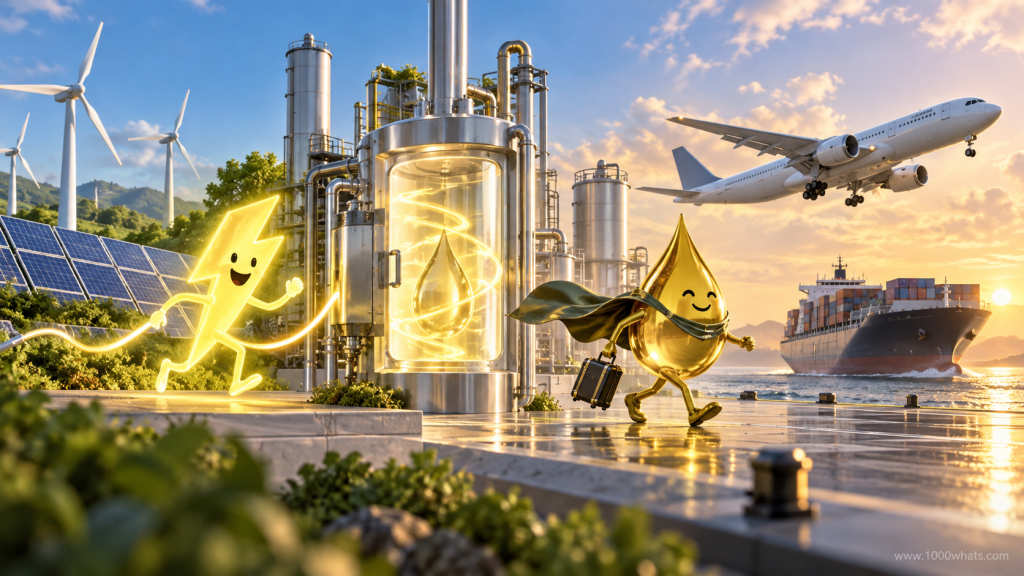 Featured image showing renewable electricity being turned into an e-fuel droplet at a clean fuel plant, with wind, solar, an airplane, and a cargo ship nearby.