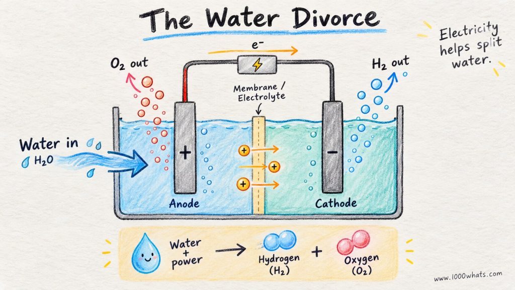 Electrolyzer diagram showing water split into hydrogen and oxygen using electricity, with anode, cathode, membrane, and electron flow.